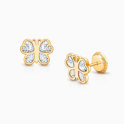 Lovely Butterfly, Clear CZ Baby/Children’s Earrings, Screw Back – 14K Gold