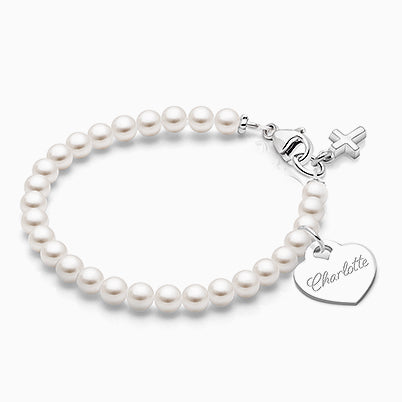 4mm Cultured Pearls, First Holy Communion Beaded Bracelet for Girls (INCLUDES Engraved Charm) – Sterling Silver