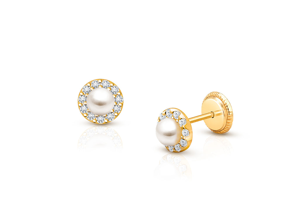 Pearl Halo, Clear CZ Teen’s Earrings, Screw Back – 14K Gold