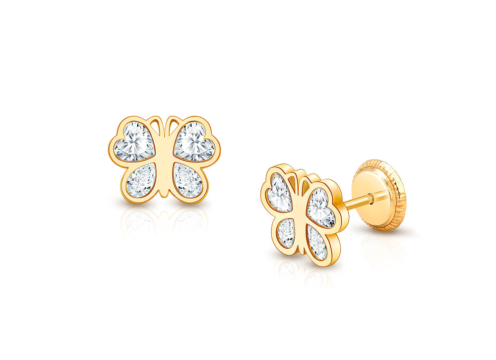 Lovely Butterfly, Clear CZ Baby/Children’s Earrings, Screw Back – 14K Gold