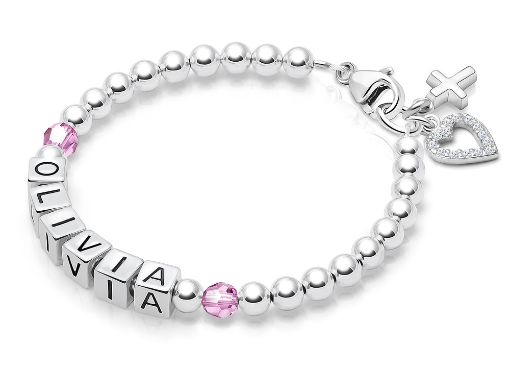 Tiny Blessings Birthstone, Baptism/Christening Baby/Children’s Name Bracelet for Girls – Sterling Silver