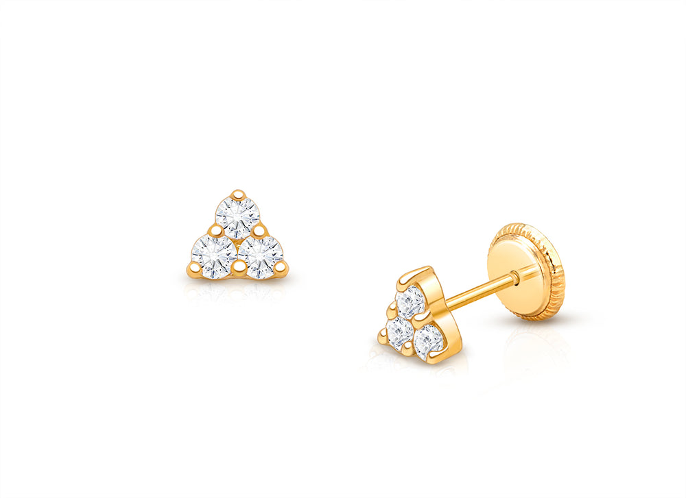 Tiny Trinity, Clear CZ Cluster Baby/Children’s Earrings, Screw Back – 14K Gold