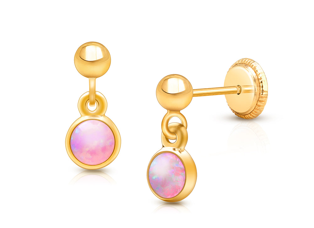 Shimmering Opal Dangle, Pink Opal Baby/Children’s Earrings, Screw Back – 14K Gold