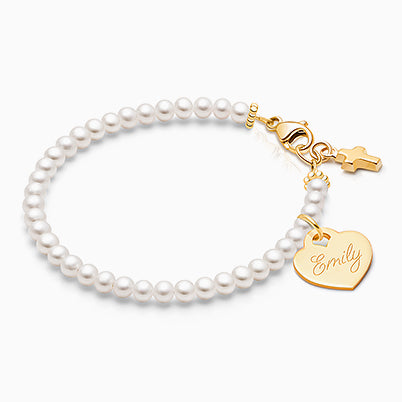 tB® Signature Crystal™ White Opal, Christening/Baptism Baby/Children’s Beaded Bracelet for Girls (INCLUDES Engraved Charm) – 14K Gold