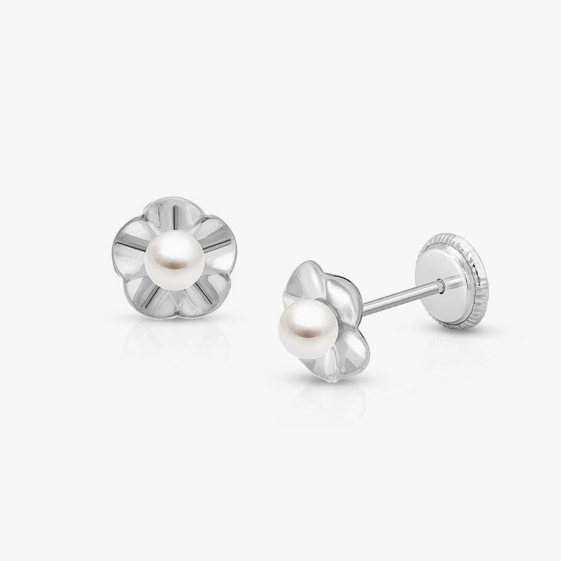 Brilliant Halo, Clear CZ First Holy Communion Children’s Earrings, Screw Back – 14K White Gold
