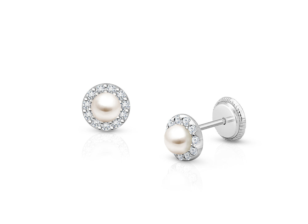 Pearl Halo, Clear CZ First Holy Communion Children’s Earrings, Screw Back – 14K White Gold