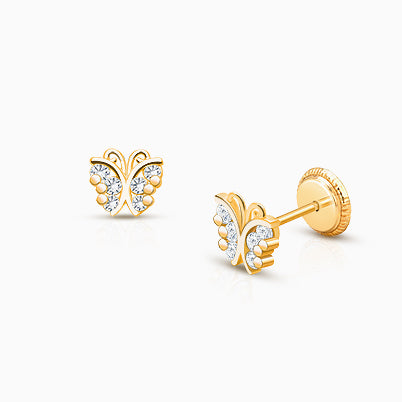 Teddy Bear Bliss, Clear CZ Baby/Children’s Earrings, Screw Back – 14K Gold
