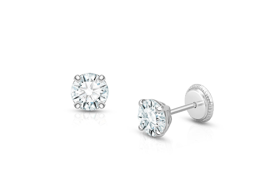 5mm CZ Round Studs, Teen’s Earrings, Screw Back – 14K White Gold