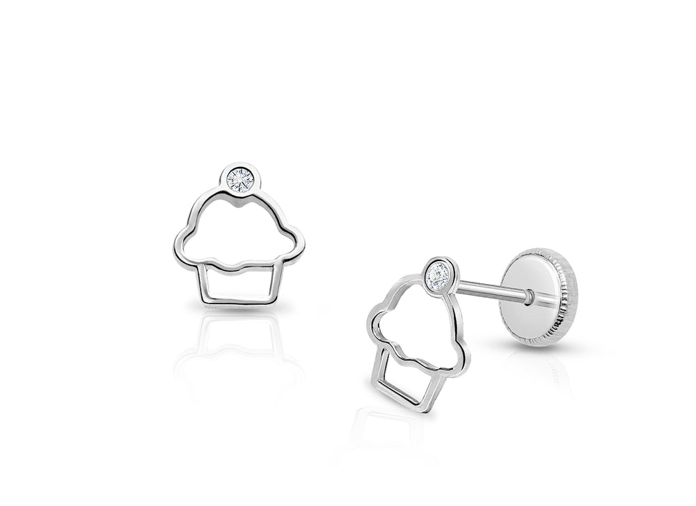 Cupcake Cutie, Clear CZ Baby/Children’s Earrings, Screw Back – 14K White Gold