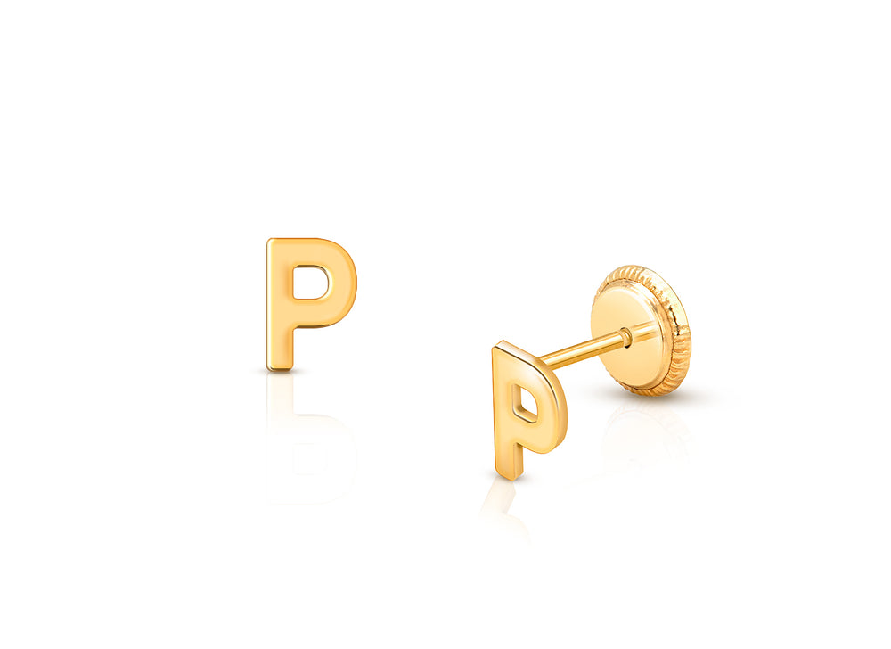 ‘P’ Initial Studs Personalized Baby/Children’s Earrings, Screw Back – 14K Gold
