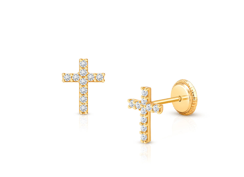 Miraculous Cross, Clear CZ Mother’s Earrings, Screw Back – 14K Gold