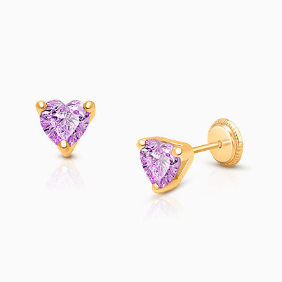 Simple Heart Studs, 5mm Lavender CZ Baby/Children’s Earrings, Screw Back – 14K Gold