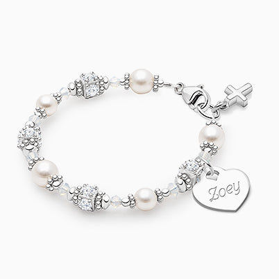 Crowned in Heaven, First Holy Communion Beaded Bracelet for Girls (INCLUDES Engraved Charm) – Sterling Silver