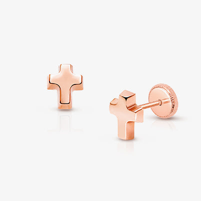 Simple Cross Dangle, Clear CZ First Holy Communion Children’s Earrings, Screw Back – 14K Gold