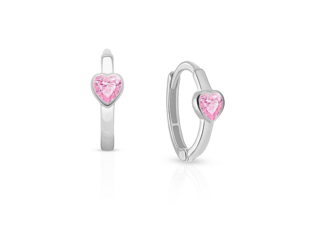 True Love, Pink CZ Heart Baby/Children’s Huggie Hoop Earrings – 14K White Gold