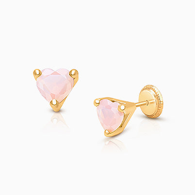 Gia™ Simple Heart Studs, 5mm Pink Opal CZ Teen’s Earrings, Screw Back – 14K Gold