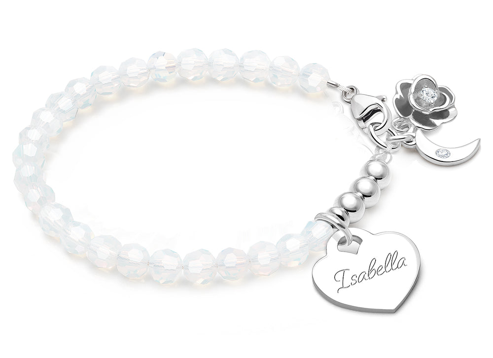 tB® Signature Crystal™ White Opal, Teen’s Beaded Bracelet for Girls (INCLUDES Engraved Charm) – Sterling Silver