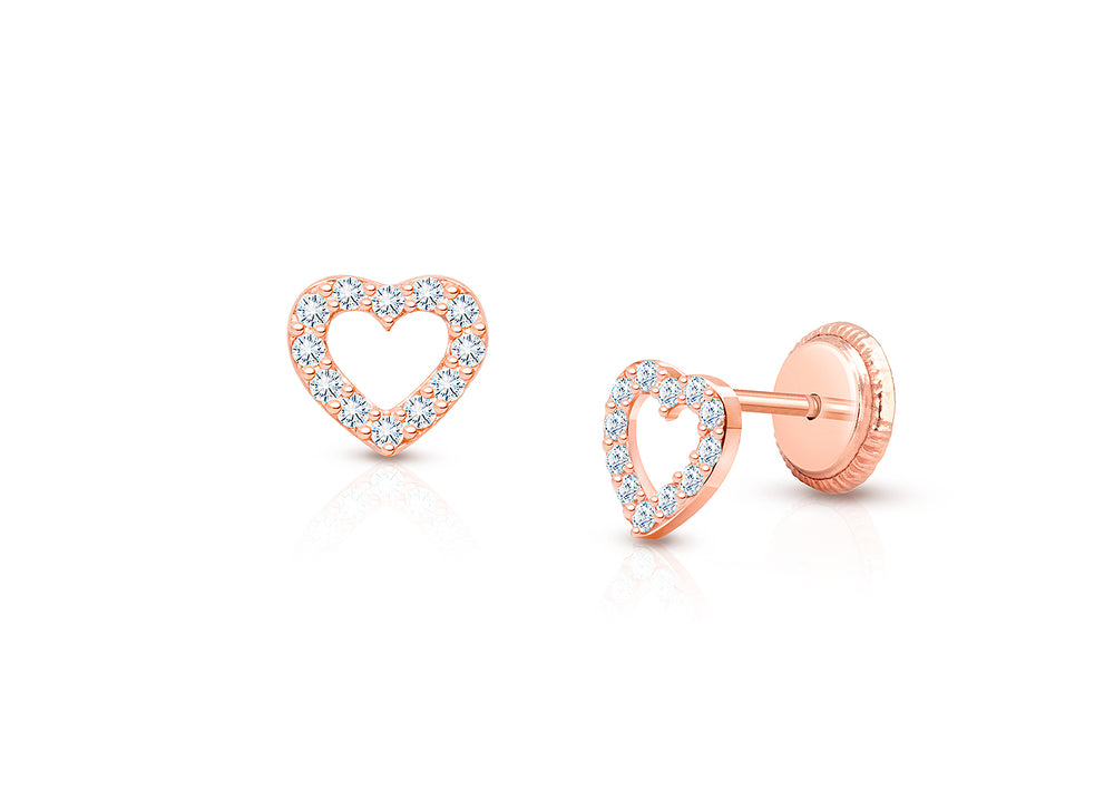 Love of Mine, Clear Pavé CZ Heart, First Holy Communion Children’s Earrings, Screw Back – 14K Rose Gold