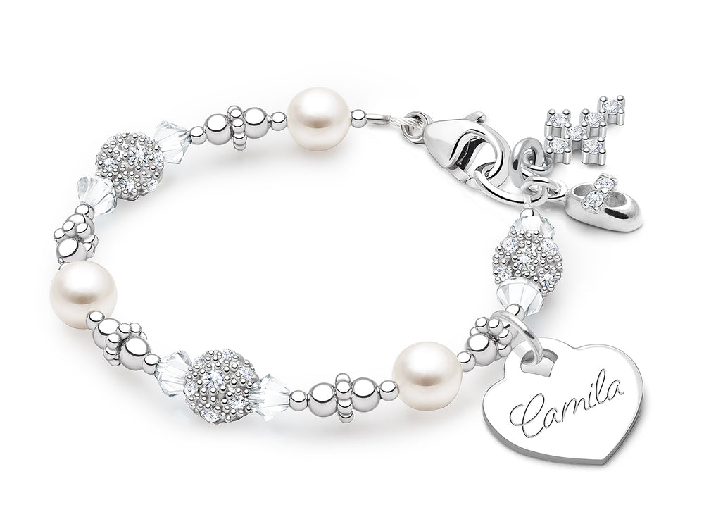 Birthstone, First Holy Communion Beaded Bracelet for Girls (INCLUDES Engraved Charm, All 12 Birthstones Available) – Sterling Silver
