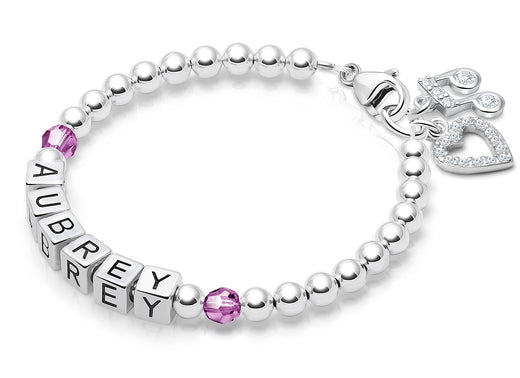 Tiny Blessings Birthstone, Baby/Children’s Name Bracelet for Girls – Sterling Silver