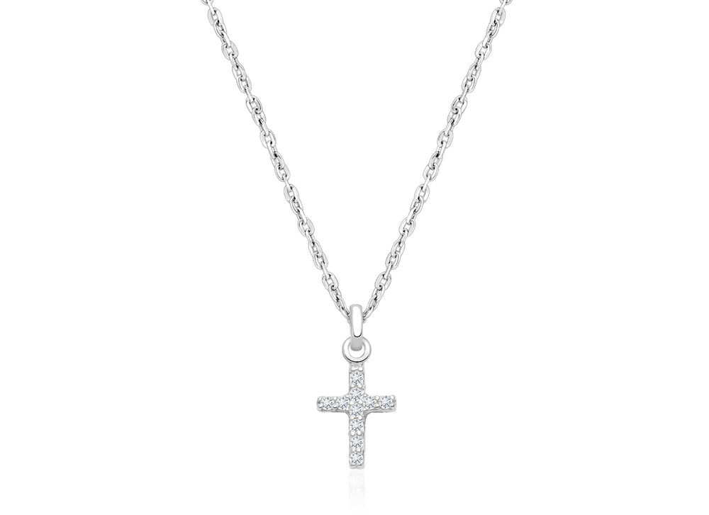 Miraculous Cross, Modern Pavé CZ Children’s Necklace for Boys – 14K White Gold