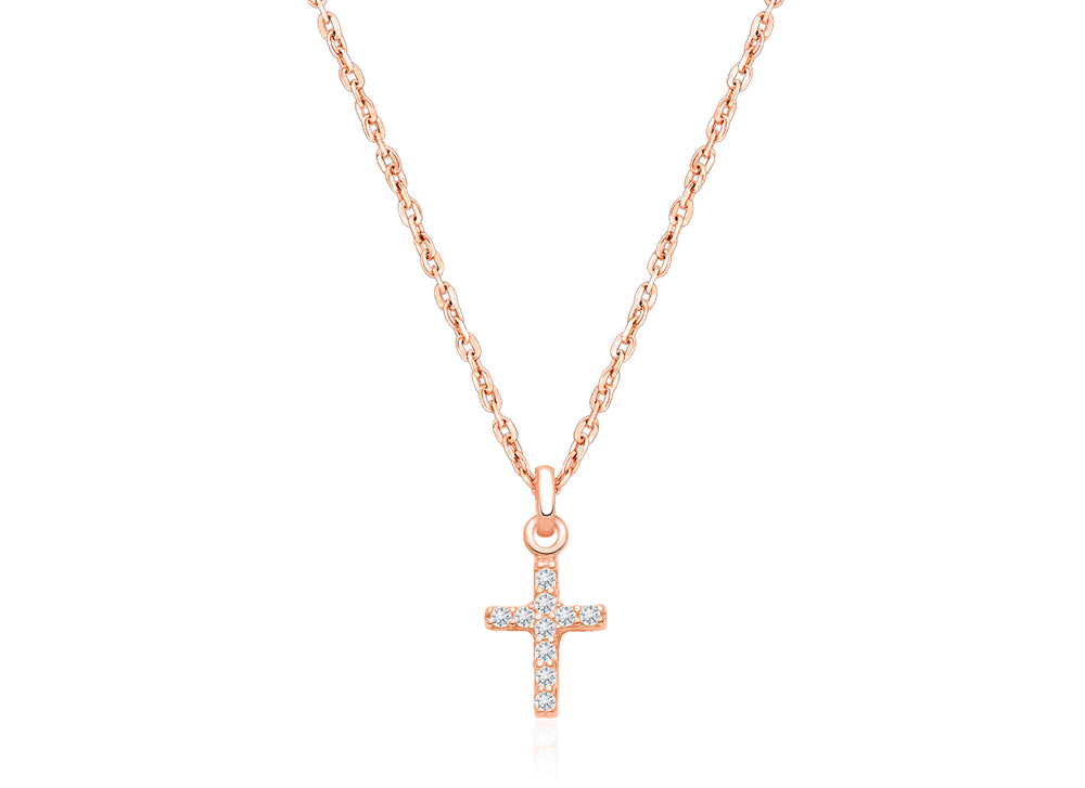Miraculous Cross, Modern Pavé CZ Teen’s Necklace for Girls – 14K Rose Gold
