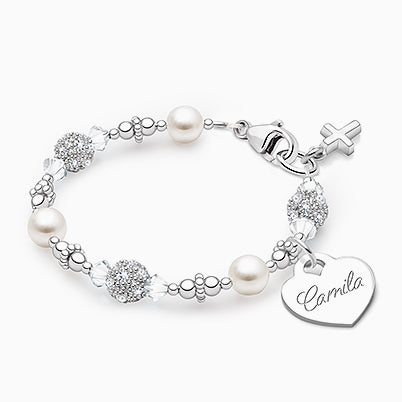 Crowned in Heaven, First Holy Communion Beaded Bracelet for Girls (INCLUDES Engraved Charm) – Sterling Silver