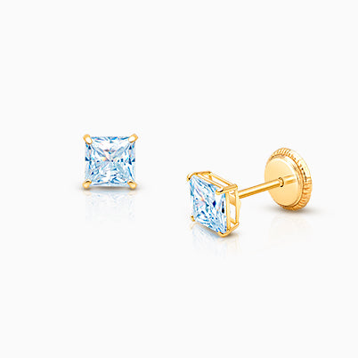 March Birthstone Studs, 4mm Swarovski® Crystal Baby/Children’s Earrings, Screw Back – 14K Gold