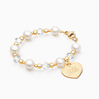 Precious Pearls, Baby/Children’s Beaded Bracelet for Girls (INCLUDES Engraved Charm) – 14K Gold