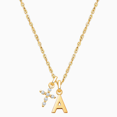 Modern Initial, Christening/Baptism Personalized Children’s Necklace for Girls (Includes Religious Charm) – 14K Gold