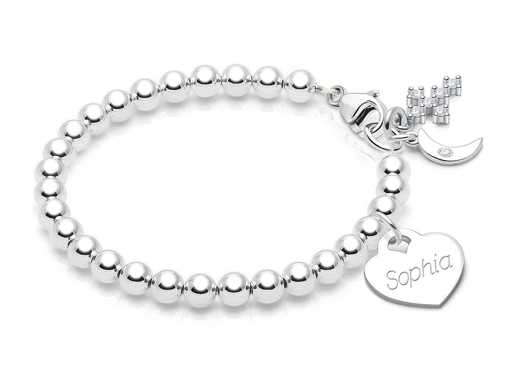 4mm Tiny Blessings Beads, Christening/Baptism Baby/Children’s Beaded Bracelet for Girls (INCLUDES Engraved Charm) – Sterling Silver