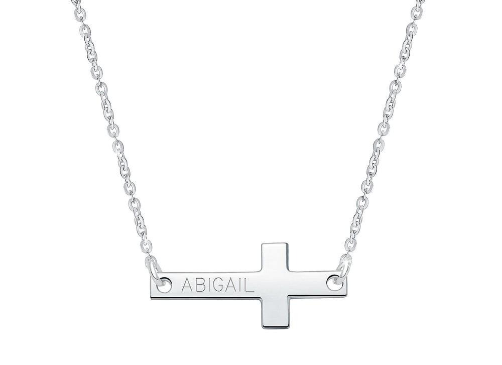 Small Sideways Cross Bar, Engraved Mother’s Necklace for Women (FREE Personalization) – Sterling Silver