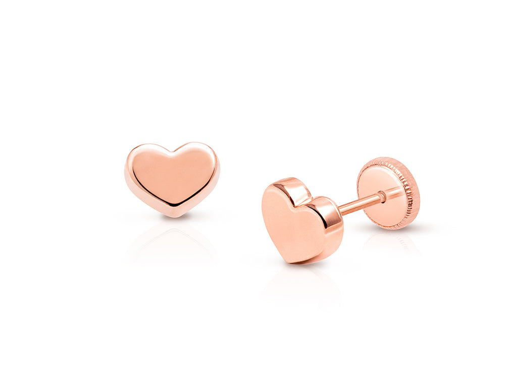 Modern Heart, Christening/Baptism Baby/Children’s Earrings, Screw Back – 14K Rose Gold