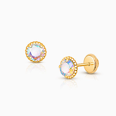 Lucky Stars, Clear CZ Teen’s Earrings, Screw Back – 14K Gold