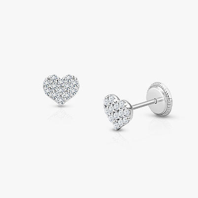 Dearest Heart, Clear Pavé CZ Baby/Children’s Earrings, Screw Back – 14K White Gold