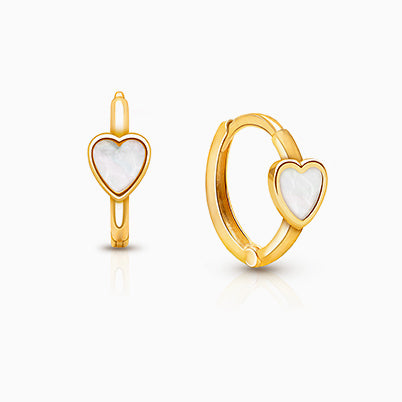 Genuine Heart, Mother of Pearl, Teen’s Huggie Hoop Earrings – 14K Gold
