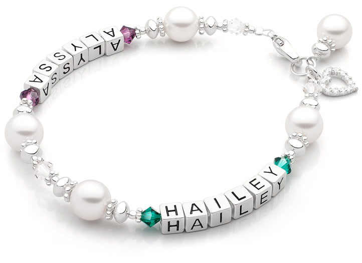 Diamonds & Pearls, Mother’s Bracelet for Women (Personalize with Up To 3 Children’s Names) – Sterling Silver