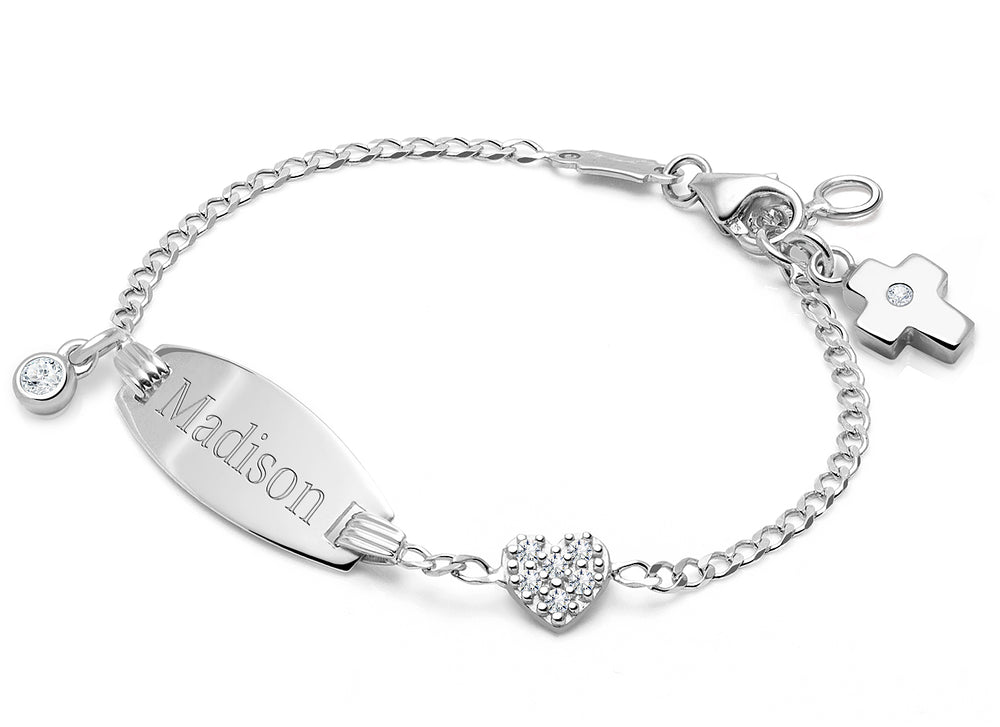 Pavé Heart, Baby/Children’s Engraved ID Bracelet for Girls – 14K White Gold