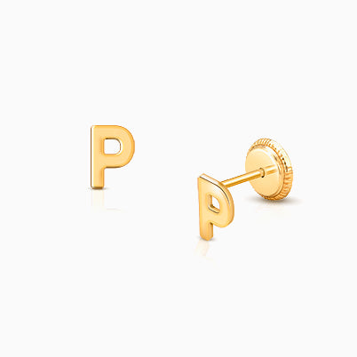 ‘P’ Initial Studs Personalized Baby/Children’s Earrings, Screw Back – 14K Gold