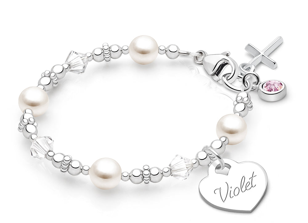 Diamond Cross, First Holy Communion Beaded Bracelet for Girls (INCLUDES Engraved Charm) – Sterling Silver