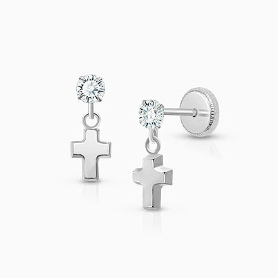 Simple Cross Dangle, Clear CZ First Holy Communion Children’s Earrings, Screw Back – 14K Gold
