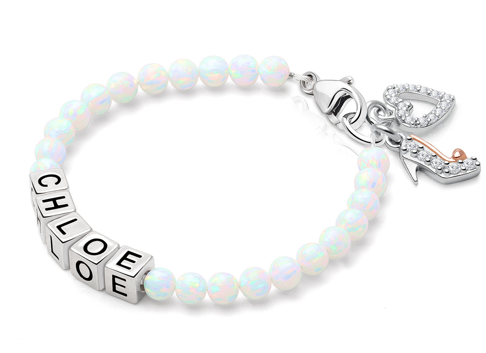 4mm Opals, Lab Created White Opal Teen’s Name Bracelet for Girls – Sterling Silver