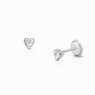 Teeny Tiny Heart Studs, 3mm Clear CZ Baby/Children’s Earrings, Screw Back – 14K Rose Gold