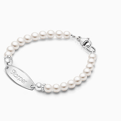 4mm Cultured Pearls, Baby/Children’s Beaded Bracelet for Girls (INCLUDES Engraved Charm) – 14K Gold