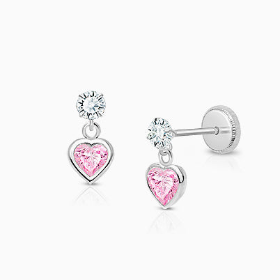 Princess at Heart, Pink/Clear CZ Christening/Baptism Baby/Children’s Earrings, Screw Back – 14K White Gold