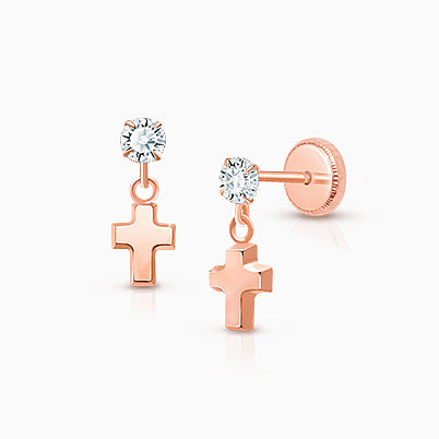 Simple Cross Earring, Christening/Baptism Baby/Children’s Earrings, Screw Back – 14K Rose Gold