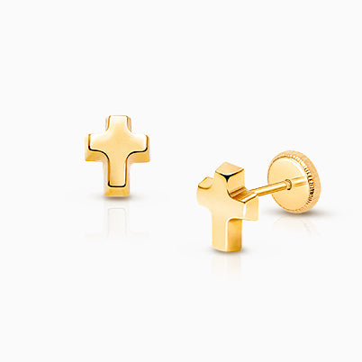 Simple Cross Earring, First Holy Communion Children’s Earrings, Screw Back – 14K Gold