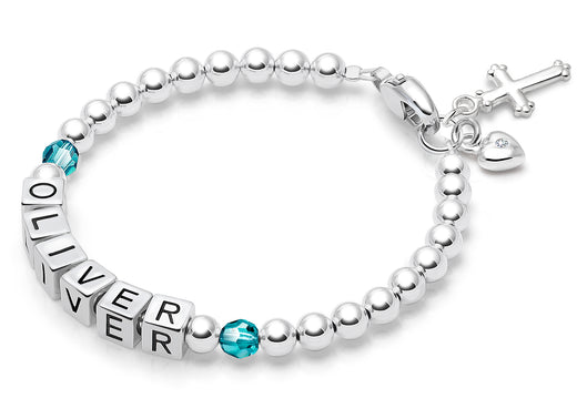 Tiny Blessings Birthstone, Baptism/Christening Name Bracelet for Boys – Sterling Silver