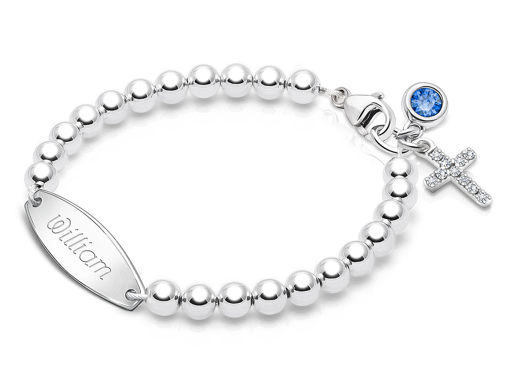 4mm Tiny Blessings Beads, Christening/Baptism Baby/Children’s Engraved Bracelet for Boys – Sterling Silver