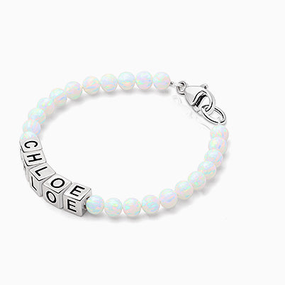 4mm Opals, Lab Created White Opal Baby/Children’s Engraved Bracelet for Girls – Sterling Silver